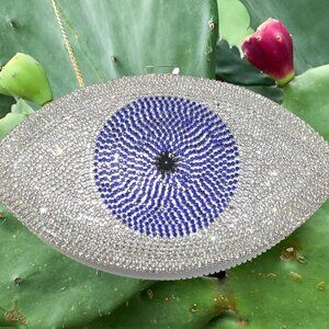 Silver and Blue Crystal Rhinestone Evil Eye Luxury Evening Clutch Purse